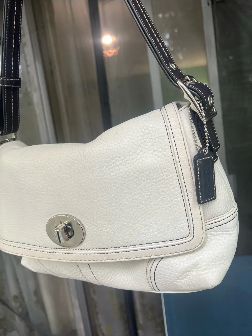 White Leather Shoulder Bag with Brown Strap